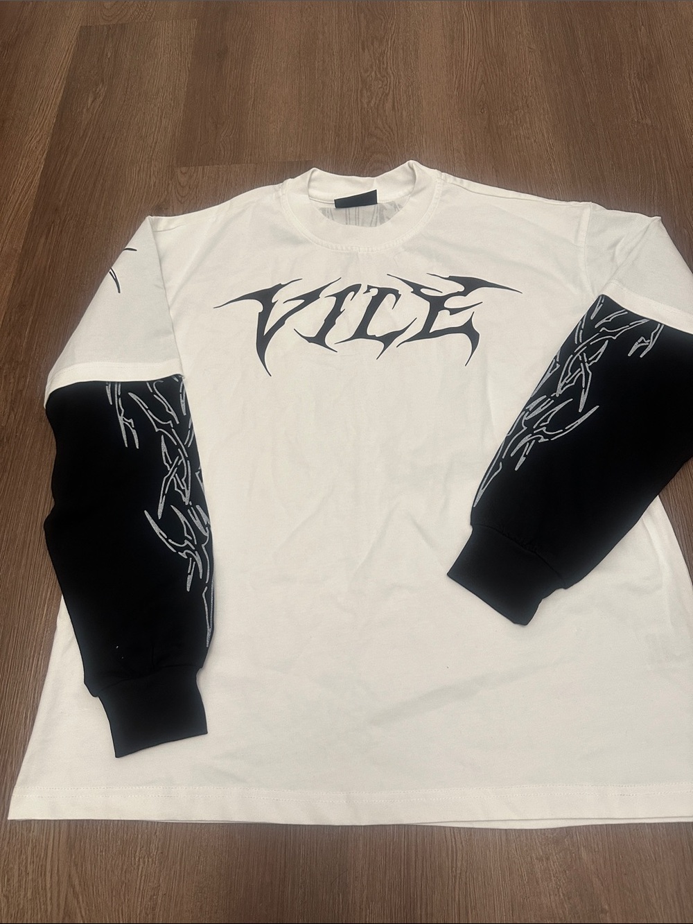 Graphic White Long Sleeve Tee with Black Printed Sleeves